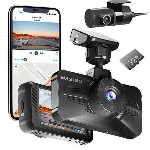MASIGO A330D Dual 60fps Dash Cam front and rear WiFi GPS SD Card included