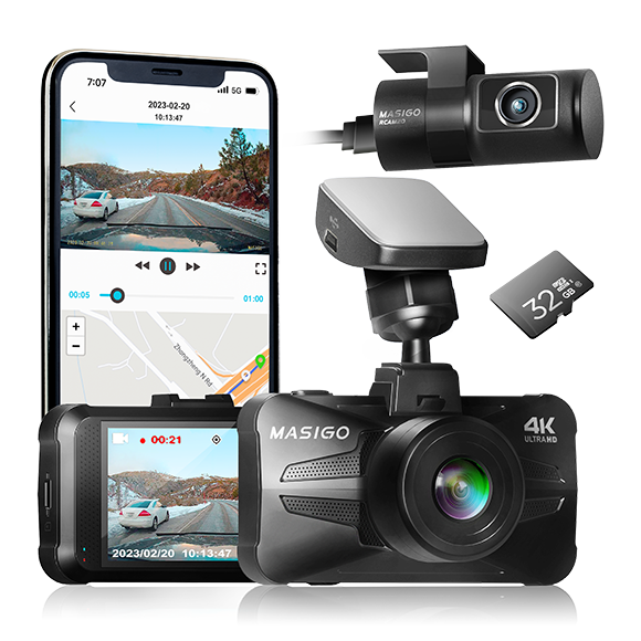 MASIGO A340D 4K Dash Cam Front and Rear WiFi GPS 32GB SD Card included